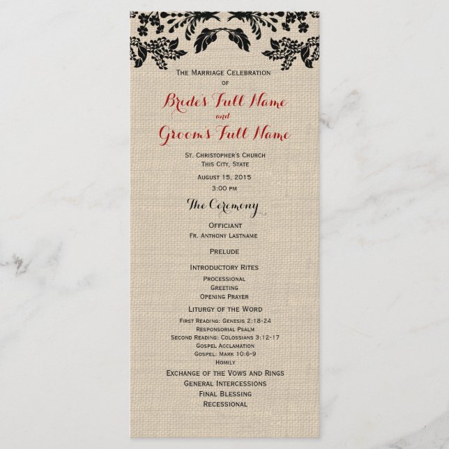 Bröllopsprogrammet land Garden och Burlap Program (Framsida)