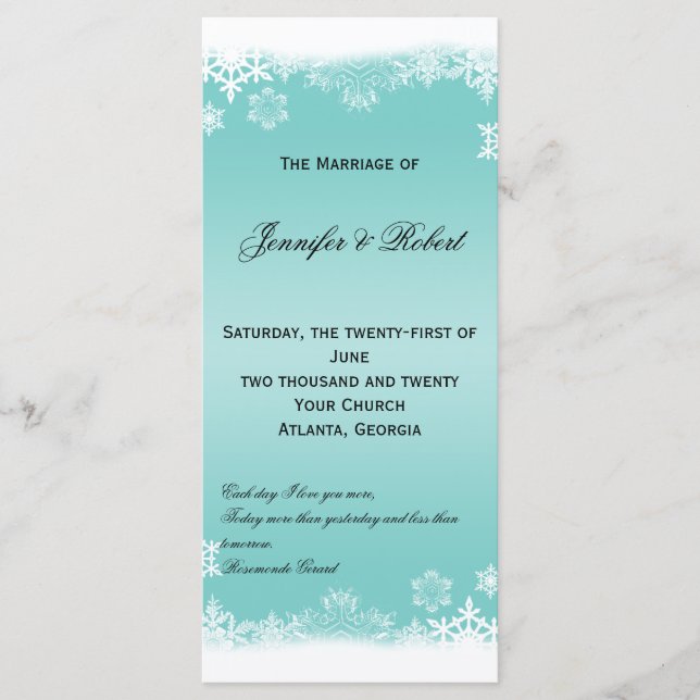 Bröllopsprogrammet Light Blue and White Snöflingor Program (Framsida)