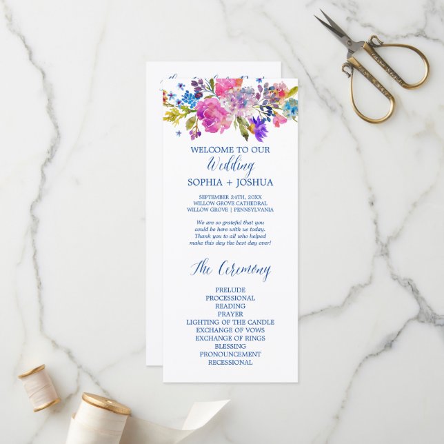 Bröllopsprogrammet lila och Rosa vattenfärgsblommo Program (Fram/Back In Situ)