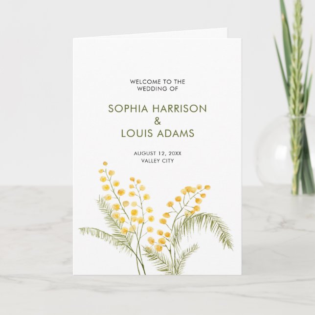 Bröllopsprogrammet Mimosa vattenfärgsblommor Program (Framsida)