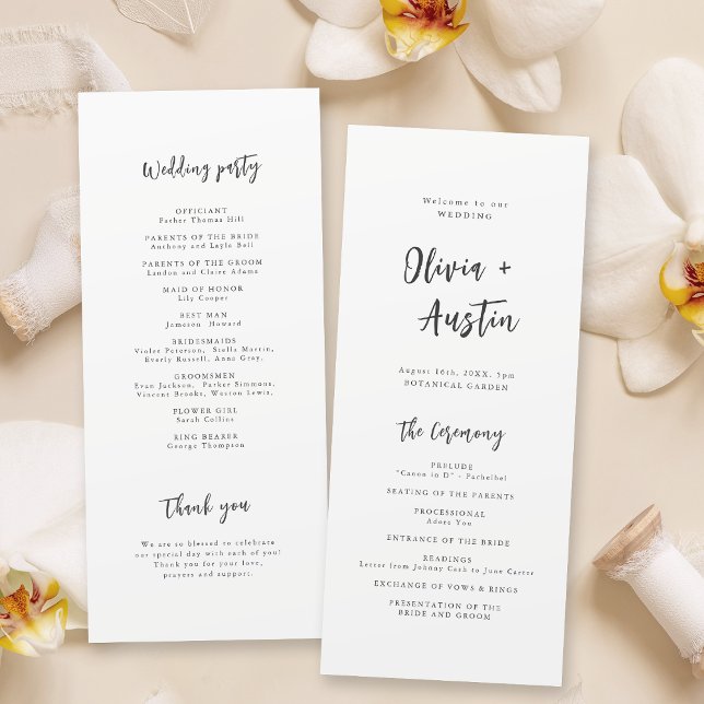 Bröllopsprogrammet Minimalistiskt skript med moder Program (Modern Chic Script Minimalist Wedding Program)
