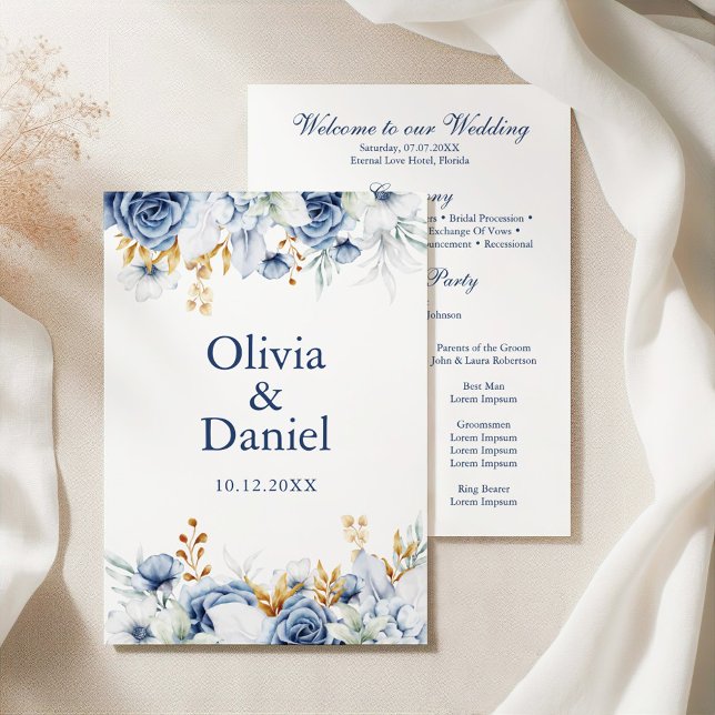 Bröllopsprogrammet Modern Blue och Guld Blommigt Program (Modern Bluen and Gold Floral Wedding Program on an elegant white wedding table)