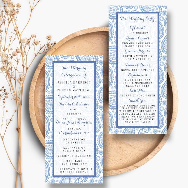 Bröllopsprogrammet Modern Blue Paisley Reklamkort (Skapare uppladdad)
