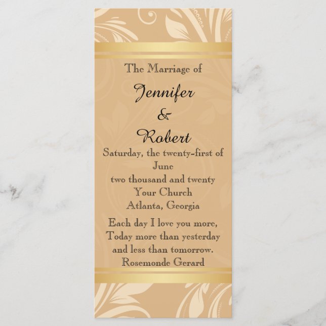 Bröllopsprogrammet Modern Bronze Blommigt Program (Framsida)