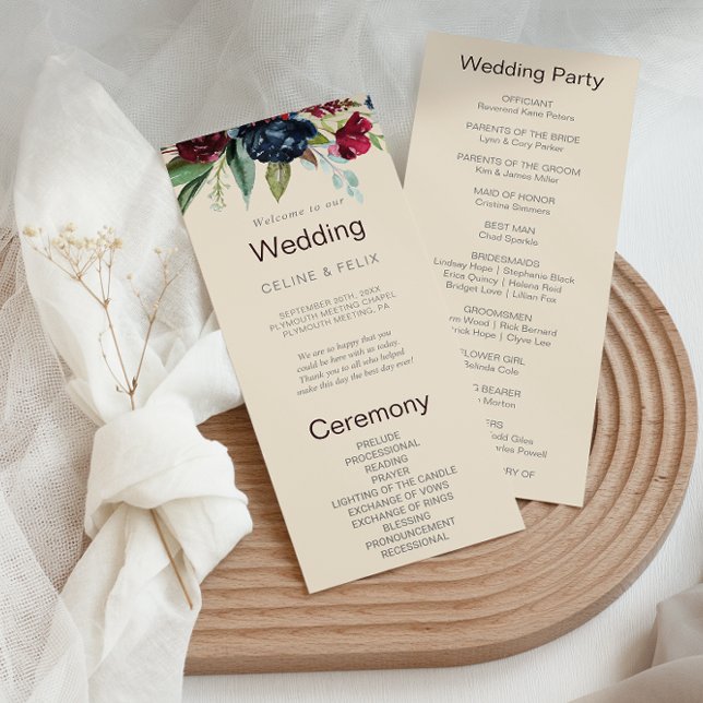 Bröllopsprogrammet Modern Burgundy Navy  Blommigt Program (Skapare uppladdad)