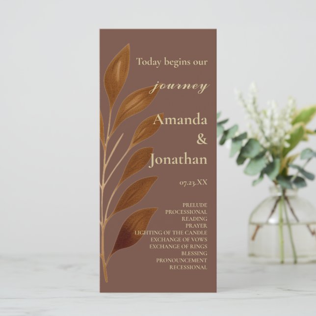 Bröllopsprogrammet Modern kaffe Brown och Guld Löv Program (Stående Fram)