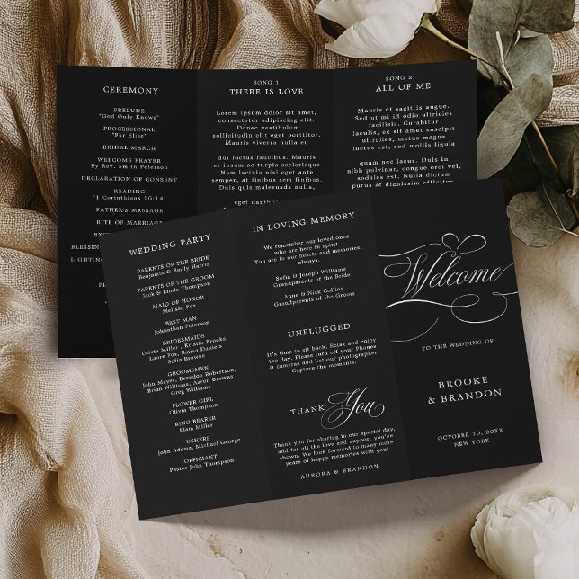 Bröllopsprogrammet Modern kalligrafi - tidlös svar (Modern calligraphy timeless black and white wedding Program)