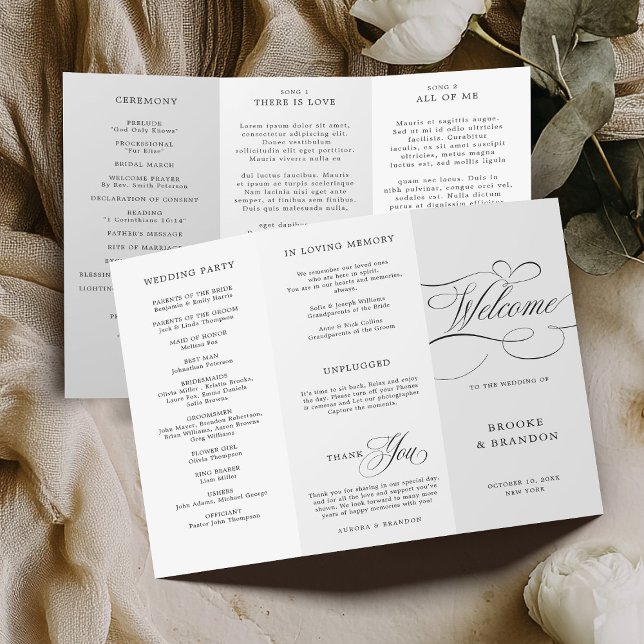 Bröllopsprogrammet Modern kalligrafi - tidlös svar (Modern calligraphy timeless black and white tri-fold wedding Program)