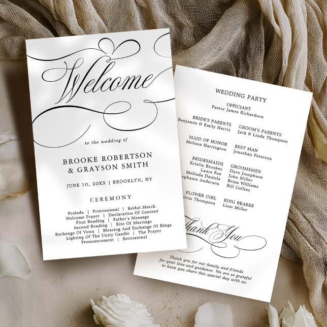Bröllopsprogrammet Modern kalligraphy timeless Bla (Modern calligraphy timeless Black Wedding Program )