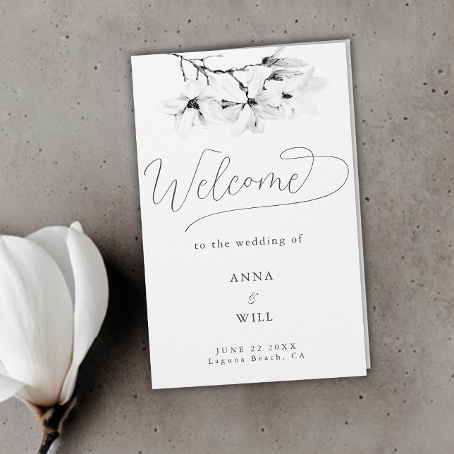 Bröllopsprogrammet Modern Magnolia Black White Cla (classic magnolia wedding program black white folded elegant modern classic)