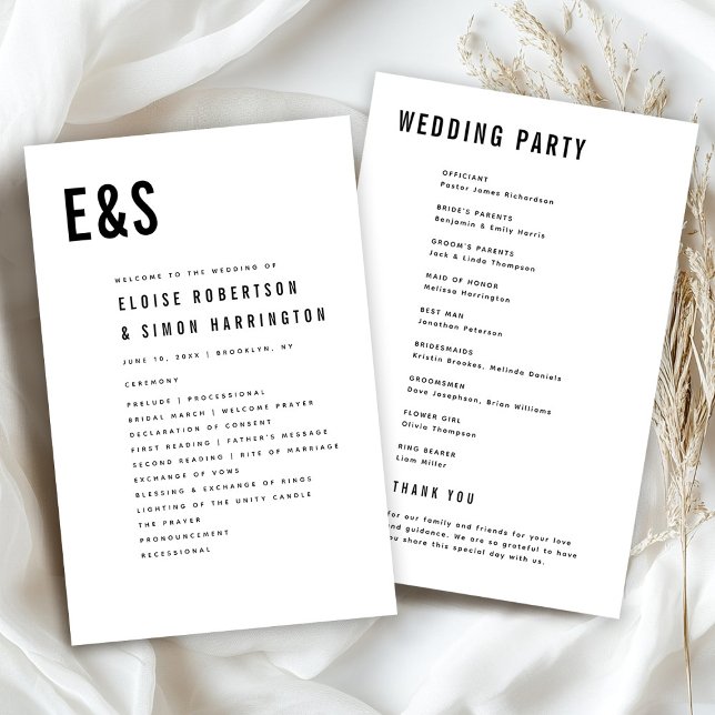 Bröllopsprogrammet Modern minimalistiskt fet monog (Modern Minimalist Bold Monogram Classic Retro Wedding Program)