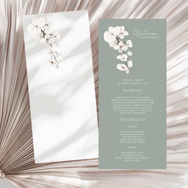 Bröllopsprogrammet Modern Sage Grönt White Orchids (Modern Sage Green White Orchids Wedding Program)