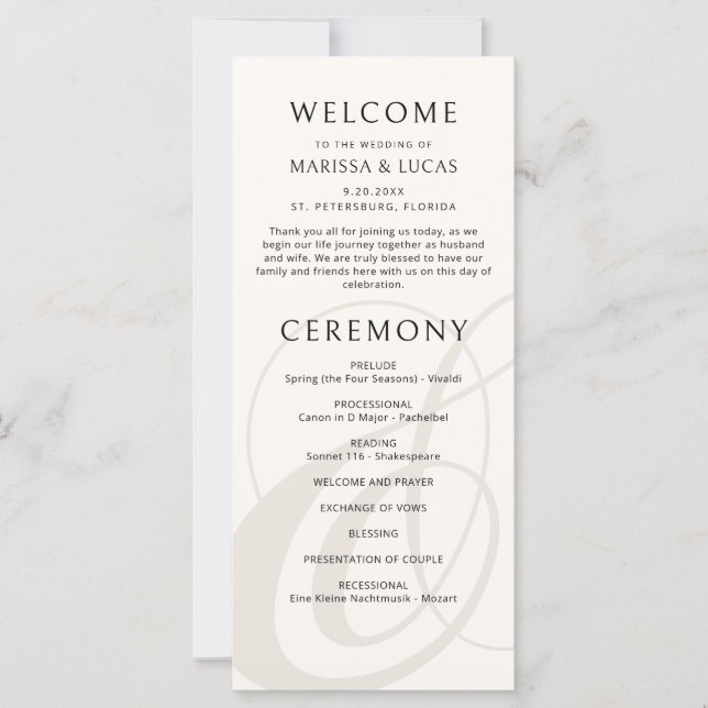 Bröllopsprogrammet Modern Script Champagne Ampersa (Framsida)
