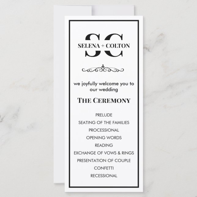 Bröllopsprogrammet Modern tidslös svartvitt (Framsida)