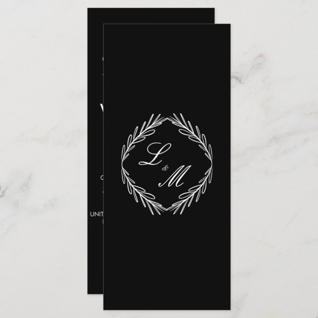 Bröllopsprogrammet Monogram Script Gren Black W Meny (Fram/baksida)