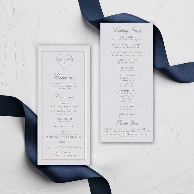 Bröllopsprogrammet Nautical Anchor Rope Vapensköld (nautical wedding program classic formal traditional frame faux embossed anchor crest monograms)