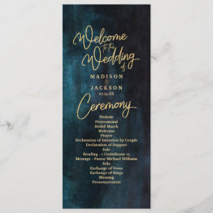 Bröllopsprogrammet Navy Blue & Teal Watercolor Gul Program