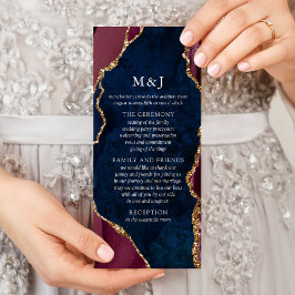 Bröllopsprogrammet Navy, Burgundy & Guld Agate Reklamkort