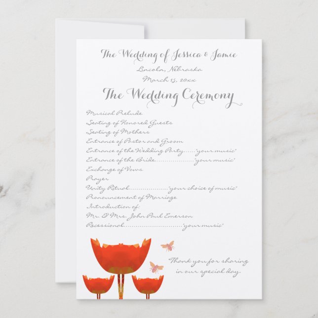 Bröllopsprogrammet orange Poppies & Humla Inbjudningar (Framsida)
