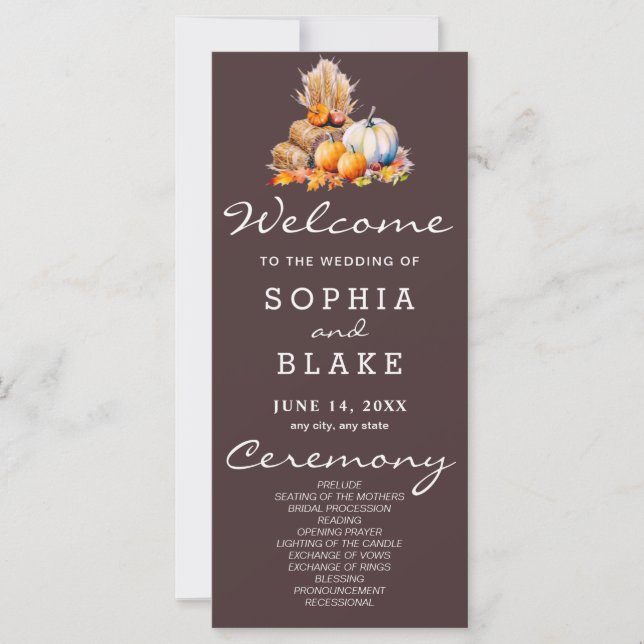 Bröllopsprogrammet orange & vita pumpor Fall Brown (Framsida)