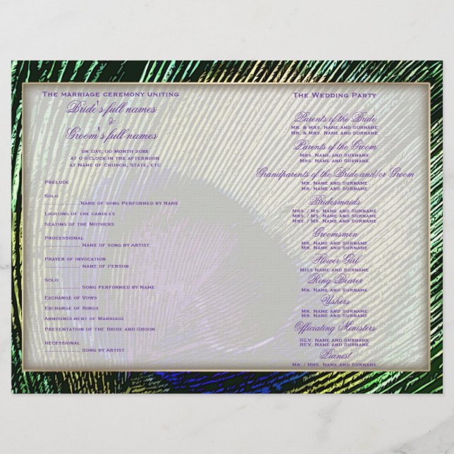 Bröllopsprogrammet Peacock på lila (Framsida)