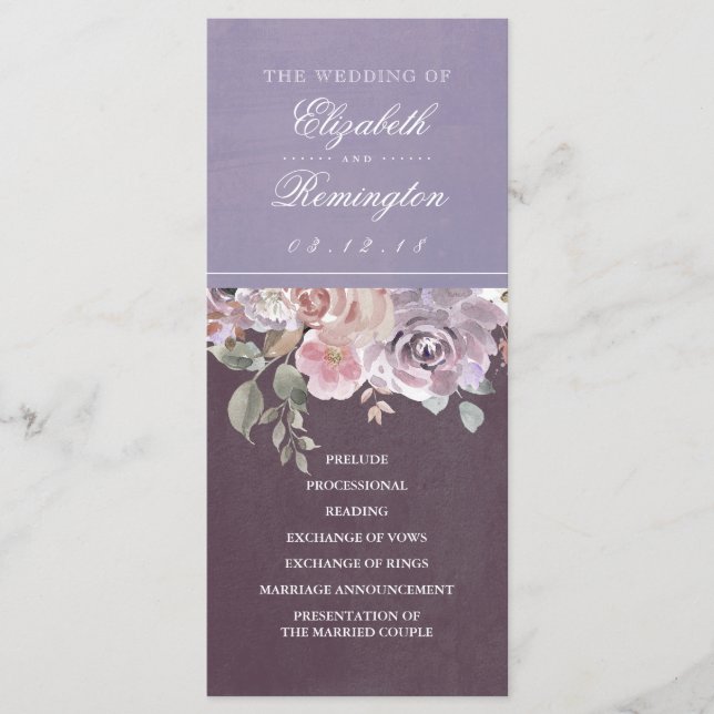 Bröllopsprogrammet Plum Mauve och Lilac Vintage Fl Program (Framsida)