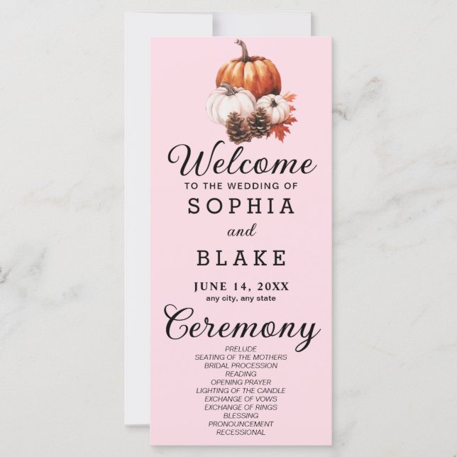 Bröllopsprogrammet Pumpkin & Löv Fall Soft Rosa (Framsida)