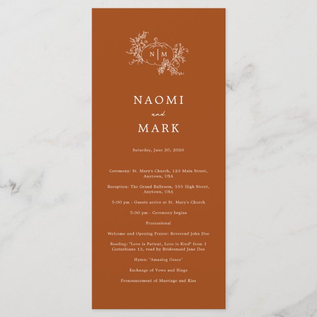 Bröllopsprogrammet Pumpkin Vines Program (Framsida)