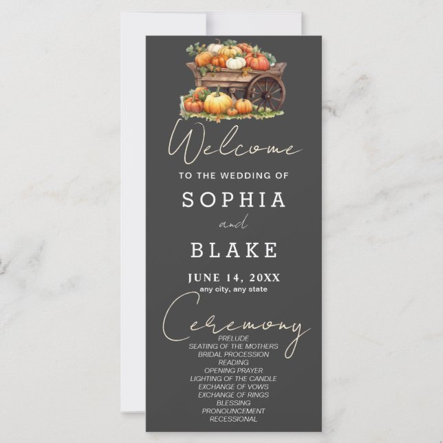 Bröllopsprogrammet Pumpkins Fall Shadow Grått (Framsida)