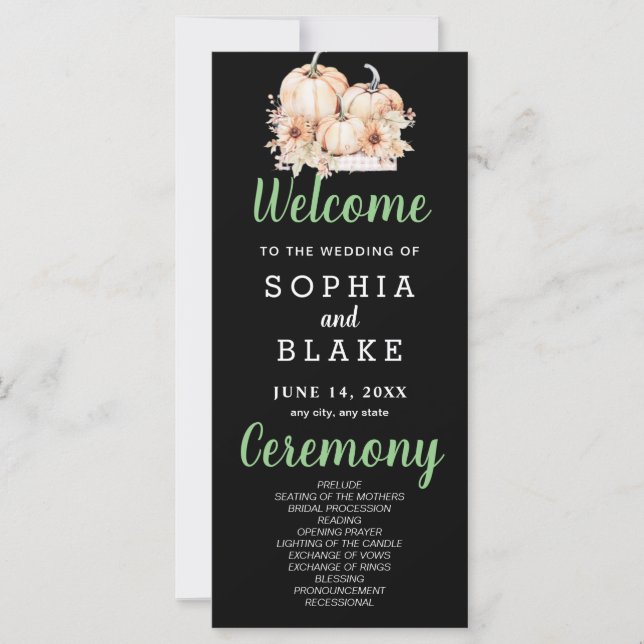 Bröllopsprogrammet Pumpkins & Sunblommor Fall Blac (Framsida)