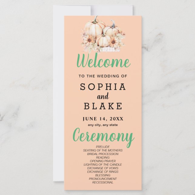 Bröllopsprogrammet Pumpkins & Sunblommor Fall Oran (Framsida)