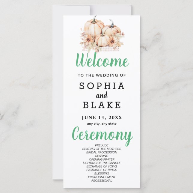 Bröllopsprogrammet Pumpkins & Sunblommor Fall Whit (Framsida)