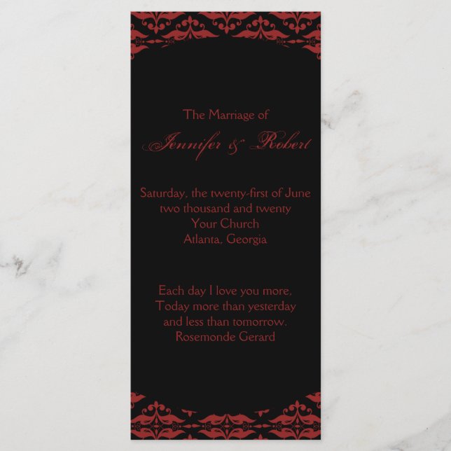 Bröllopsprogrammet Red and Black Damask Gothic Program (Framsida)