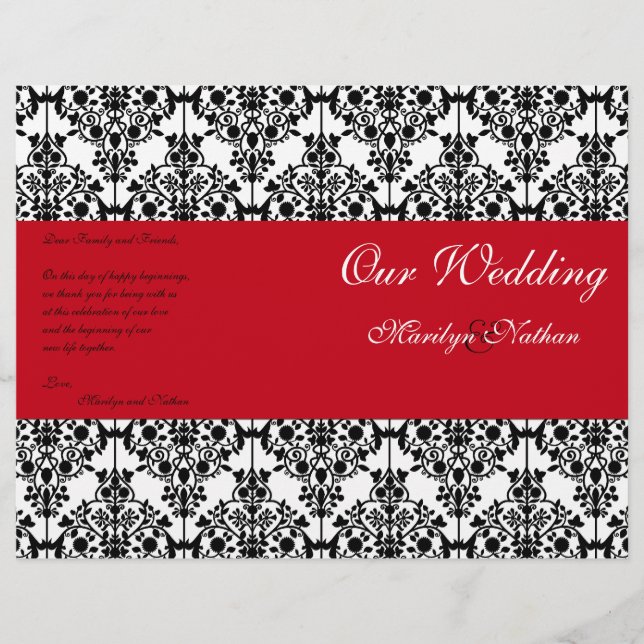 Bröllopsprogrammet Red, Black och White Damask (Framsida)
