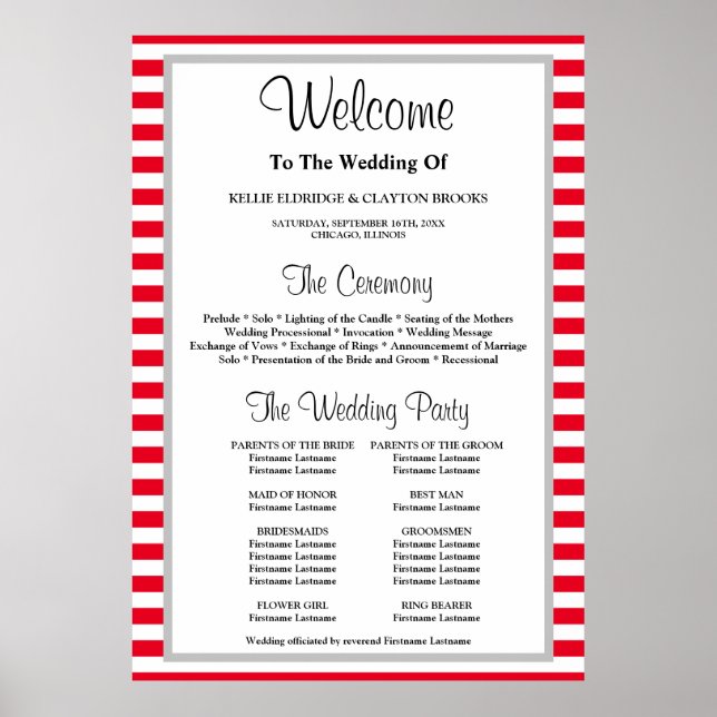 Bröllopsprogrammet Röd/vit Rand-ram Poster (Framsidan)