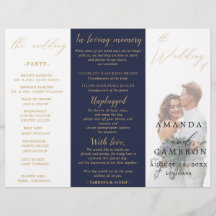 Bröllopsprogrammet Romantic Guld Calligraphy Navy 