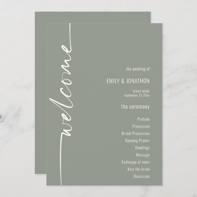 Bröllopsprogrammet Roterad Grönt för calligrafi Inbjudningar (Fram/baksida)