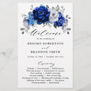 Bröllopsprogrammet royal Blue White Silver Blommig