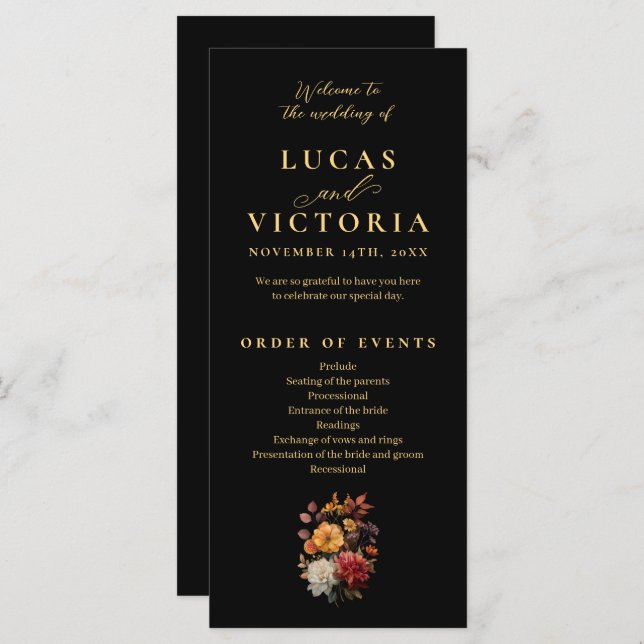 Bröllopsprogrammet Rust & Bloom Moody Höst Blommig (Fram/baksida)