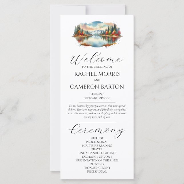 Bröllopsprogrammet Rustic Autumn Lakeside Forest (Framsida)