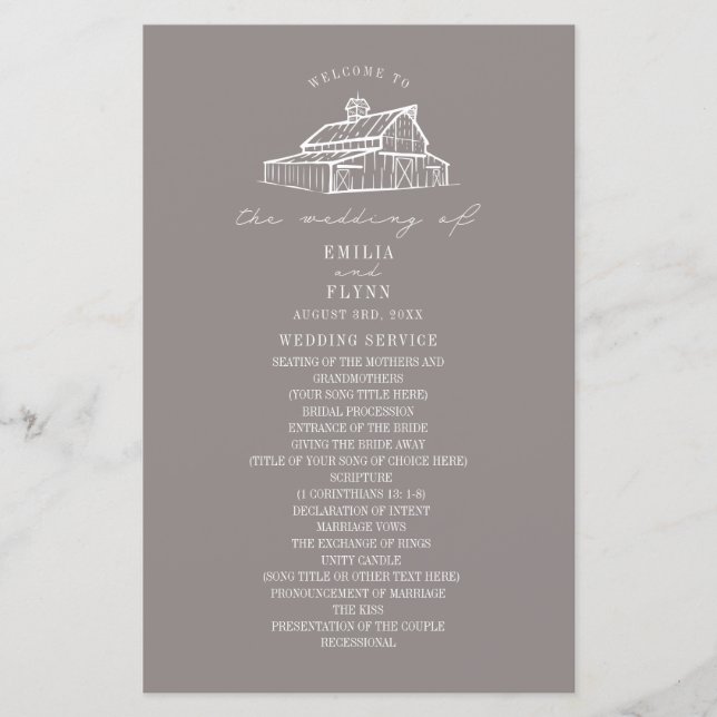 Bröllopsprogrammet Rustic Barn Ametyst Grått Farm (Framsida)