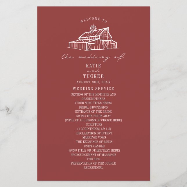 Bröllopsprogrammet Rustic Barn Muted Red Farm (Framsida)