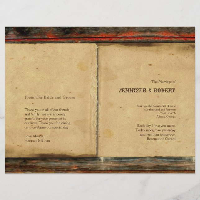 Bröllopsprogrammet Rustic Barn Wood (Framsida)