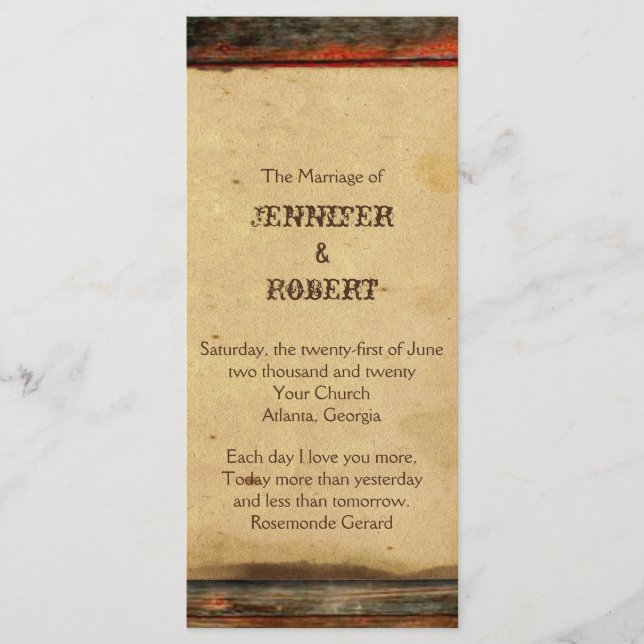 Bröllopsprogrammet Rustic Barn Wood Program (Framsida)