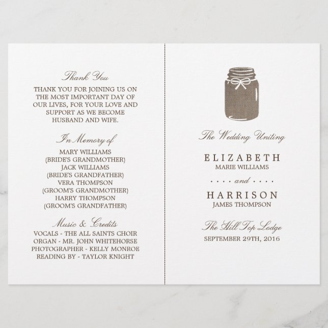 Bröllopsprogrammet Rustic Burlap Mason Burk (Framsida)
