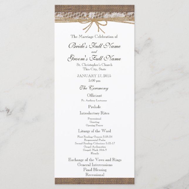 Bröllopsprogrammet Rustic Burlap och Twine Program (Framsida)