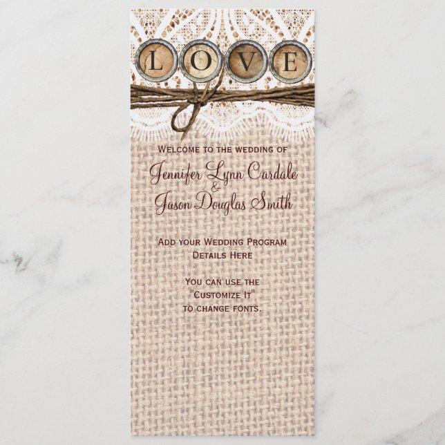 Bröllopsprogrammet Rustic Burlap Snöre Twine KÄRLE Program (Framsida)