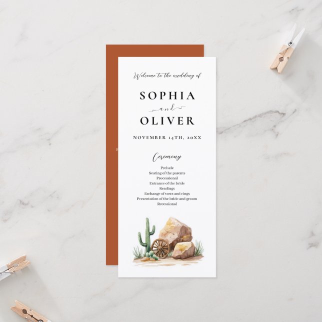 Bröllopsprogrammet Rustic Desert Cactus Watercolor (Fram/Back In Situ)