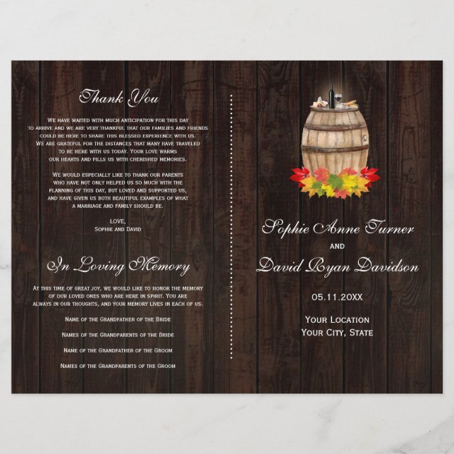 Bröllopsprogrammet Rustic Fall Foliage Vin Barrel Reklamblad (Framsidan)