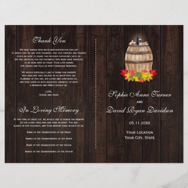 Bröllopsprogrammet Rustic Fall Foliage Vin Barrel Reklamblad (Framsidan)